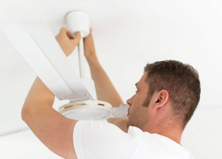Male Technician Installing Ceiling Fan — Expert Trade Services in Burleigh Heads, QLD