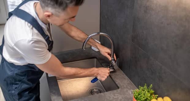 Man Adjusting Water Tap With Wrench — Plumbers in Ashmore, QLD